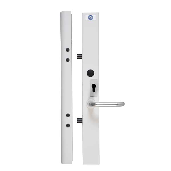 Cerradura motorizada multipunto SERSYS e-BR de 2 puntos con manilla instalada en puerta izquierda